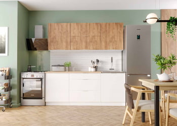 Кухня в гостиную Асти-вайт 1.6, белый/лиственница охотская/ белый глянец/ ПФ дуб бунратти (б/с 500)