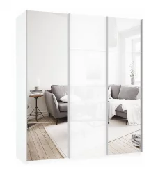 Шкаф-купе 3 двери с зеркалом Прайм 1800 Зеркало/Белое стекло/Зеркало Белый снег