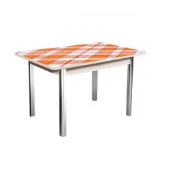 Стол нераздвижной 1,2 Победа, СТЕКЛО, опоры полуовал ХРОМ, Беленый дуб/Клетка-1_78928