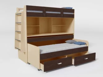 Кровать 2х ярусная №2 с ящиками и столом Дуб молочный/Венге