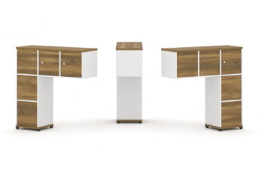 Надставка на стол низкая двухсторонняя + задняя стенка (5 шт.) + блок с 1-м ящиком (2 шт.) + распашной фасад (3 шт.) CОНCЕПТ CН.ДНН-006 Сандал Янтарный Белый бриллиант Черный металл / CONCEPT CN.DNN-006