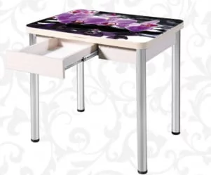 Стол поворотно-раскладной 1,2 Ника с ящиком СТЕКЛО, опоры D50 круглые ХРОМ, Беленый дуб/R045