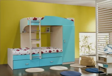 Кровать 2х ярусная №1 с ящиками и шкафом Дуб молочный/Морская волна