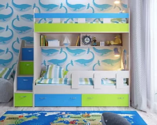 Двухъярусная кровать для девочки Юниор 1 дуб,лайм,голубой