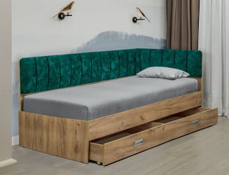 Кровать с продольной мягкой спинкой (правая) Софа №15 (900х2000) Дуб Крафт серый Велюр 002