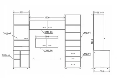 Стеллаж открытый Modul 4 с тумбой, ящиками и дверкой Яблоня