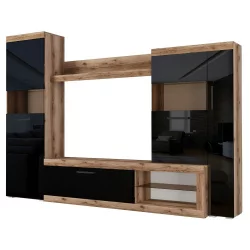 Современная стенка в гостиную Бастон Дуб делано/Черный глянец