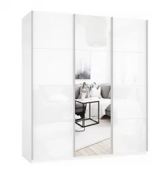 Белый шкаф-купе с зеркалом Прайм 1800 Белое стекло/Зеркало/Белое стекло Белый снег