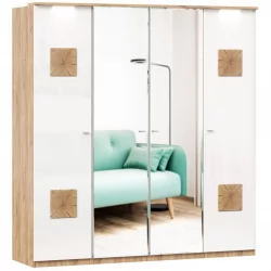 Шкаф четырехстворчатый с 2 зеркалами и декоративными накладками Фиджи 009 Дуб Золотой Белый