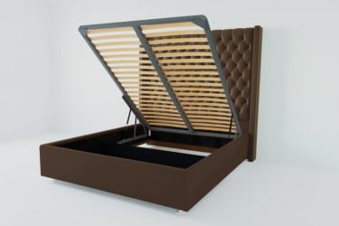 Мягкая интерьерная кровать "Версаль Люкс" с подъемным механизмом Материал фасада: Искусственная кожа; Спальное место: 1400х2000 мм; Цвет фасада: Коричневый; Цвет корпуса: Коричневый 