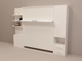 Кровать с подъёмным механизмом Смарт 1 с полками 1400 левый Белая шагрень