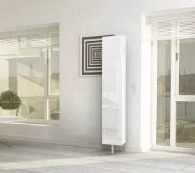 Распашной шкаф в гостиную в белом глянцевом стекле Зум Шелф Молочный дуб