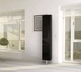 Узкий шкаф в прихожую в черном глянцевом стекле Зум Шелф Беленый дуб