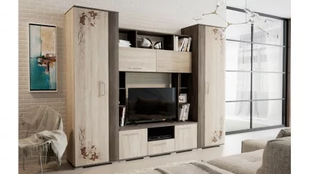 Классическая стенка в гостиную Белла Дуб сонома с рисунком