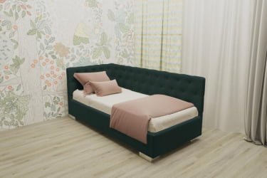 ДЕТСКАЯ МЯГКАЯ ИНТЕРЬЕРНАЯ КРОВАТЬ ВЕРСАЛЬ С ОРТОПЕДИЧЕСКИМ ОСНОВАНИЕМ (BERHOUSE) Цвет фасада: Зеленый; Материал фасада: Металл/Велюр; Спальное место: 1200х1900