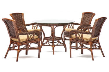 Комплект обеденный ANDREA ( стол со стеклом + 4 кресла + подушки) Pecan Washed (античн. орех), Ткань рубчик, цвет кремовый