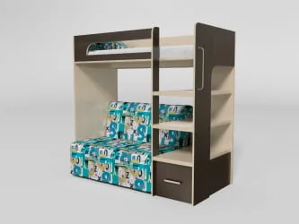 Кровать 2х ярусная №10 с диваном-Аккордеон Дуб молочный/Венге