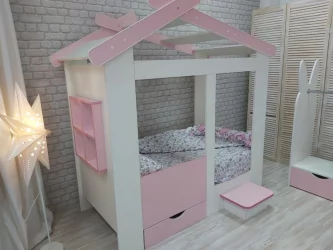 Ящик и ступенька для кровати Теремок Белый-Розовый