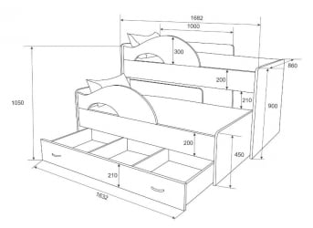 Выдвижная кровать для двоих детей РАДУГА Без ящика Дуб млечный / Венге