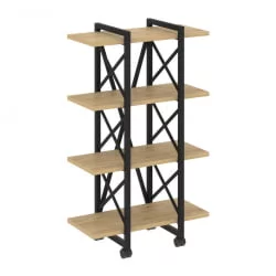 Стеллаж на колесных опорах - 4 полки ЛОФТ  ВР.Л-МСТ.К-4.4В Металл черный Тиквуд светлый / LOFT VR.L-MST.K-4.4V