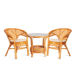 Террасовый комплект ПЕЛАНГИ (стол со стеклом + 2 кресла) / с подушками / ротанг, кресло 65х65х77см, стол диаметр 64х61см, Хоней (мед) / PELANGI Honey