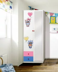 Зеленый шкаф комбинированный с ящиками, зеркалом и фотопечатью Совята 2.2 Белый/Оранжевый/Лайм