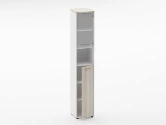 Шкаф 5 узкий верх стеклянная дверь, низ закрытый, с нишей Дека 10.23.20Пр Дуб Сантана светлый/Белый / Deka