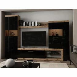 Современная стенка в гостиную Бастон Дуб делано/Черный глянец