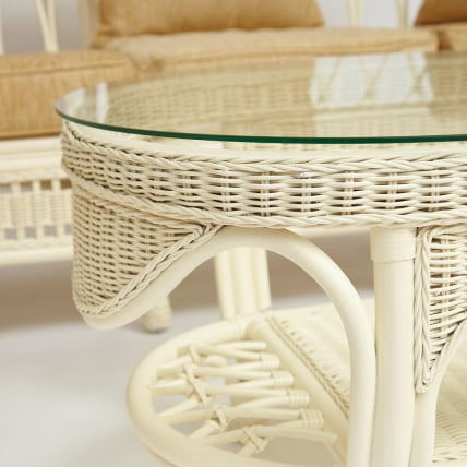 Комплект для отдыха MICHELLE ( стол со стеклом+ диван + 2 кресла + подушки) TCH White (белый), Ткань рубчик, цвет кремовый_1