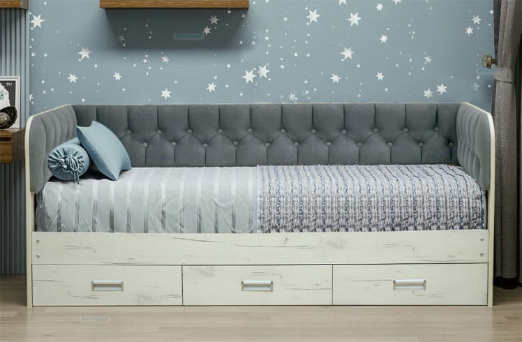 Кровать с продольной мягкой спинкой Софа №14.1 (900х2000) Дуб Крафт золотой Велюр 003_0