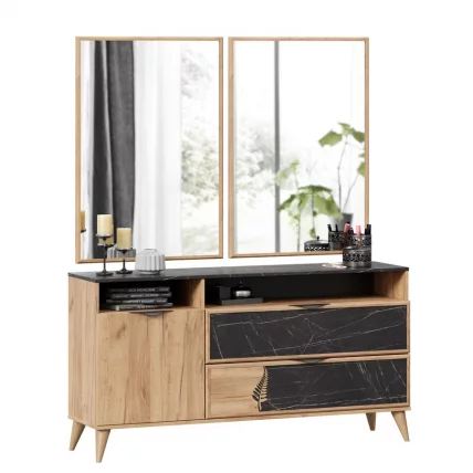 Комод 1500 Шелли с двумя зеркалами Дуб золотой Камень Пьетра чёрный_0