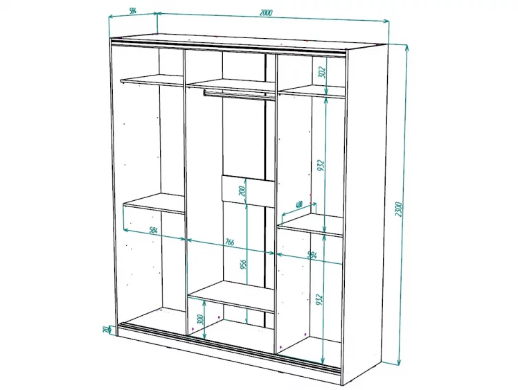 Шкаф-купе 3-х дверный Виктория 2000х584х2300, Ясень шимо светлый 20ДЗДЛДЗ-ЯЯПП-Яшс 310-3318_2