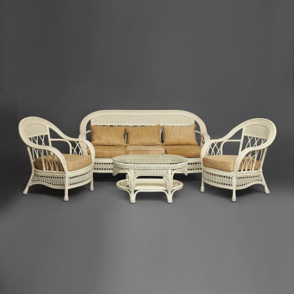 Комплект для отдыха MICHELLE ( стол со стеклом+ диван + 2 кресла + подушки) TCH White (белый), Ткань рубчик, цвет кремовый_5