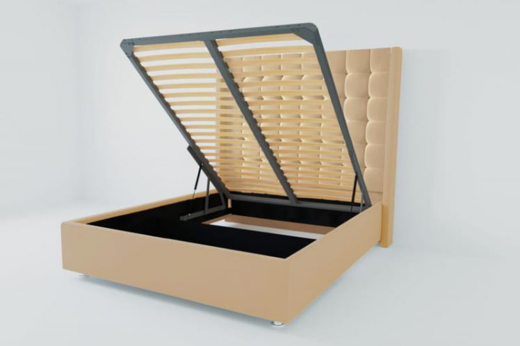 Мягкая интерьерная кровать &куот;Венеция Люкс&куот; с подъемным механизмом Материал фасада: Искусственная кожа; Спальное место: 1600х2000 мм; Цвет фасада: Бежевый; Цвет корпуса: Бежевый / "Венеция Люкс"_0