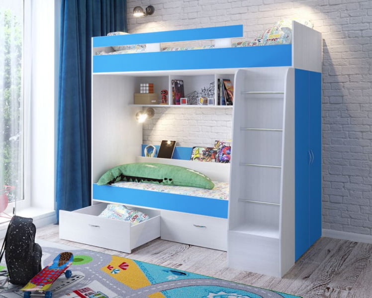 Кровать двухъярусная Юниор-6 Белое дерево Голубой_0