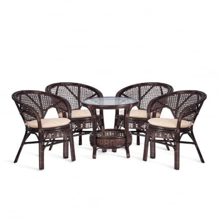 Комплект ПЕЛАНГИ 02/15 ( стол со стеклом + 4 кресла ) [с подушками] ротанг, кресло 65х65х77см, стол диаметр 64х61см, валнут (грецкий орех) / PELANGI walnut_0