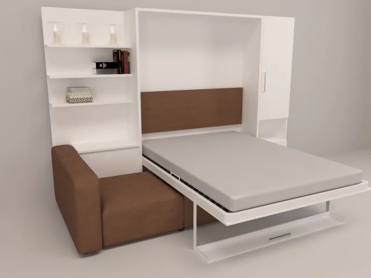 Шкаф-диван-кровать Смарт 1 правый с полкой и пуфом 1400 Белая шагрень_1