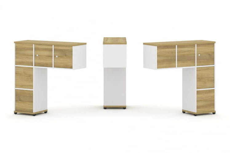 Надставка на стол низкая двухсторонняя + задняя стенка (5 шт.) + блок с 2-мя ящиками (2 шт.) + распашной фасад (3 шт.) CONCEPT CN.DNN-005 Дуб Винченцо Белый бриллиант Черный металл_0