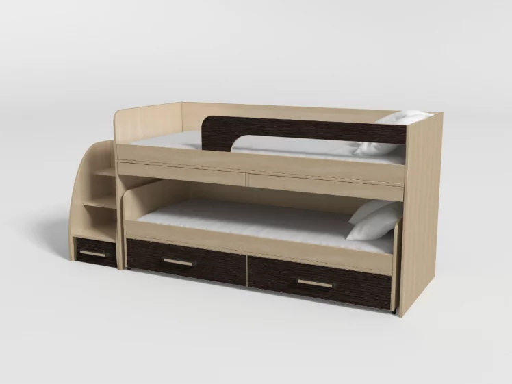 Кровать 2х ярусная №11 с ящиками и столами Дуб молочный/Венге_1