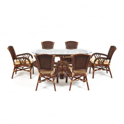 Комплект обеденный ANDREA GRAND (стол со стеклом+6 кресел+ подушки) Pecan Washed (античн. орех), Ткань рубчик, цвет кремовый_2