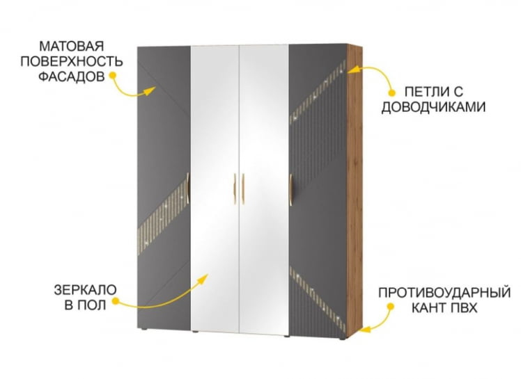 Шкаф четырехдверный с зеркалом (лев/прав) Монако 902.14 Дуб Вотан Графит_3