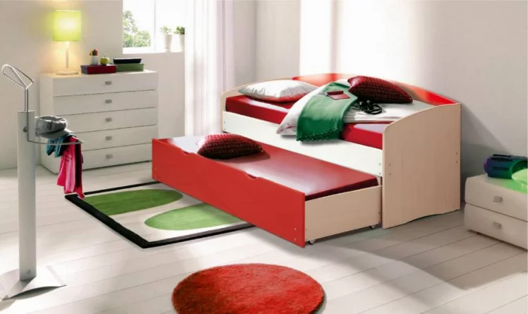 Кровать детская выдвижная Дуб молочный/Синий/Желтый матовый_0