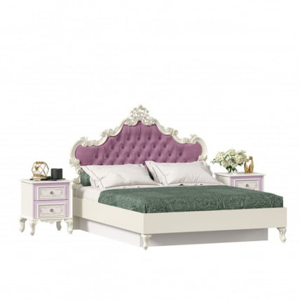 Кровать двуспальная 1600 с тумбами с подъемным механизмом с мягким изголовьем Маркиза 08 Алебастр Сиреневый_0