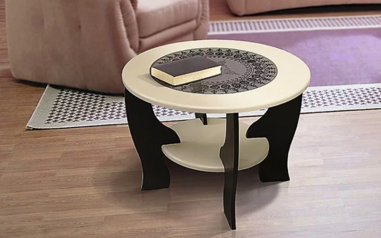 Стол журнальный со вставкой из стекла круглый Дуб беленый-венге_0