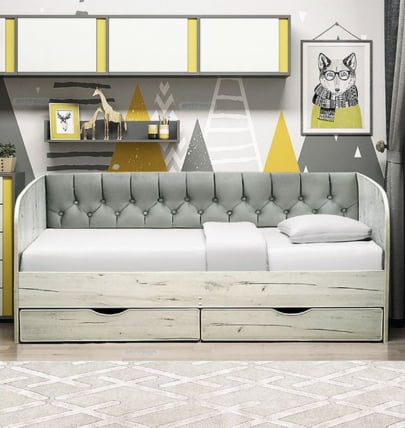 Кровать с продольной мягкой спинкой Софа №13 (800х1600) Дуб Крафт белый Велюр 017_1