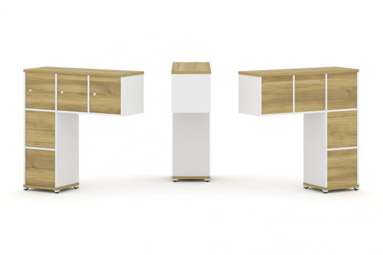 Надставка на стол низкая односторонняя + задняя стенка (5шт.) + блок с 2-мя ящиками (2шт.) + распашной фасад (3 шт.) CONCEPT CN.ONN-005 Дуб Винченцо Белый бриллиант Белый металл_0