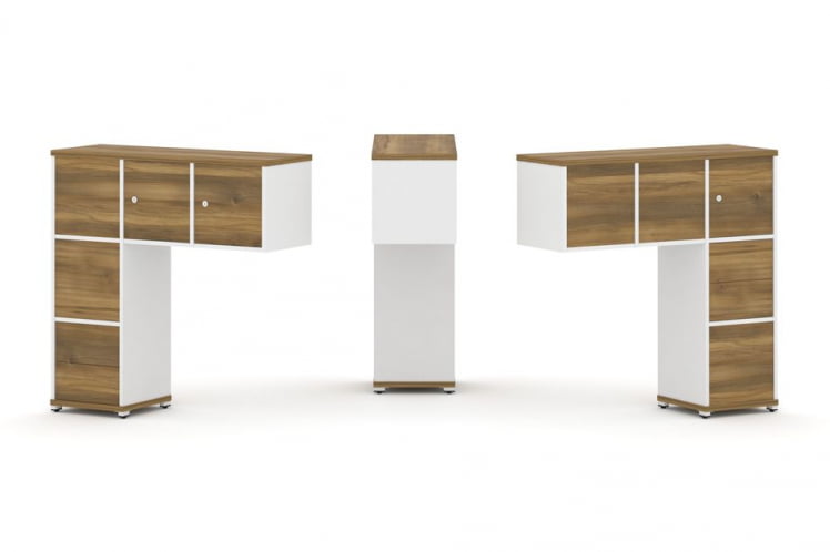 Надставка на стол низкая двухсторонняя + задняя стенка (5 шт.) + блок с 2-мя ящиками (2 шт.) + распашной фасад (3 шт.) CONCEPT CN.DNN-005 Сандал Янтарный Белый бриллиант Белый металл_0