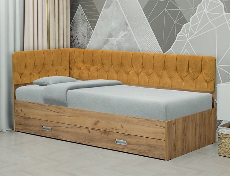 Кровать с продольной мягкой спинкой (левая) Софа №16 (900х2000) Ясень Анкор светлый Велюр 011_0