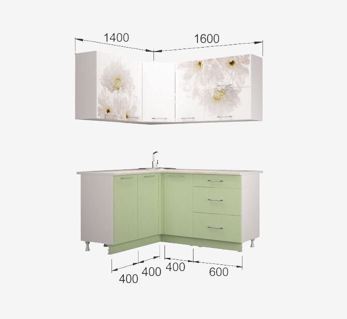 Кух. гарнитур Флоренс ГРИН угловой, 1.4*1.6м, МДФ белый гл/зеленый суперматовый ПФ №182 (б/с 800)_1