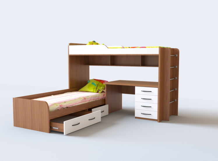 Кровать 2х ярусная №12 с ящиками и столом Вишня/Белый_0